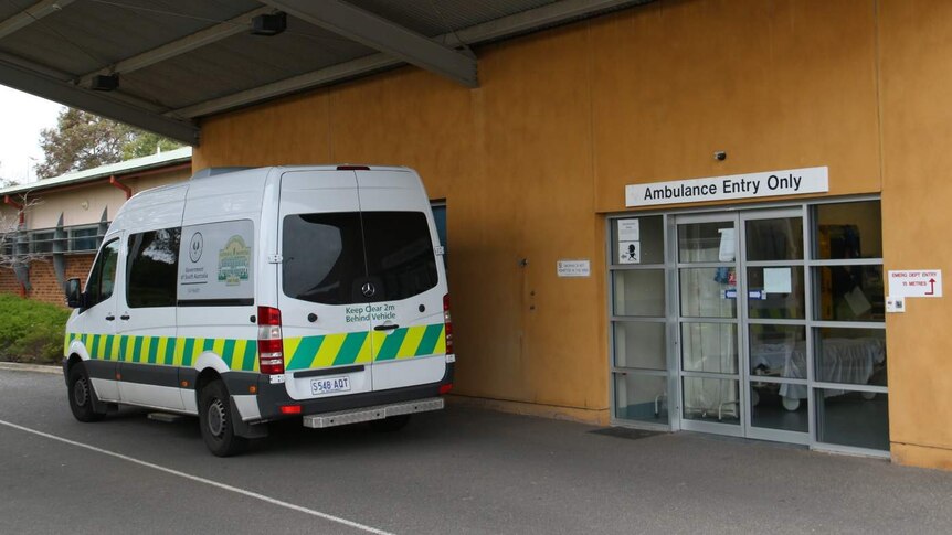 SA ambulance rear view and the entrance to a hospital in Adelaide
