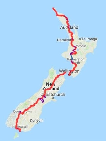 a map of new zealand with a red squiggly line running from the top to the bottom of the two islands.