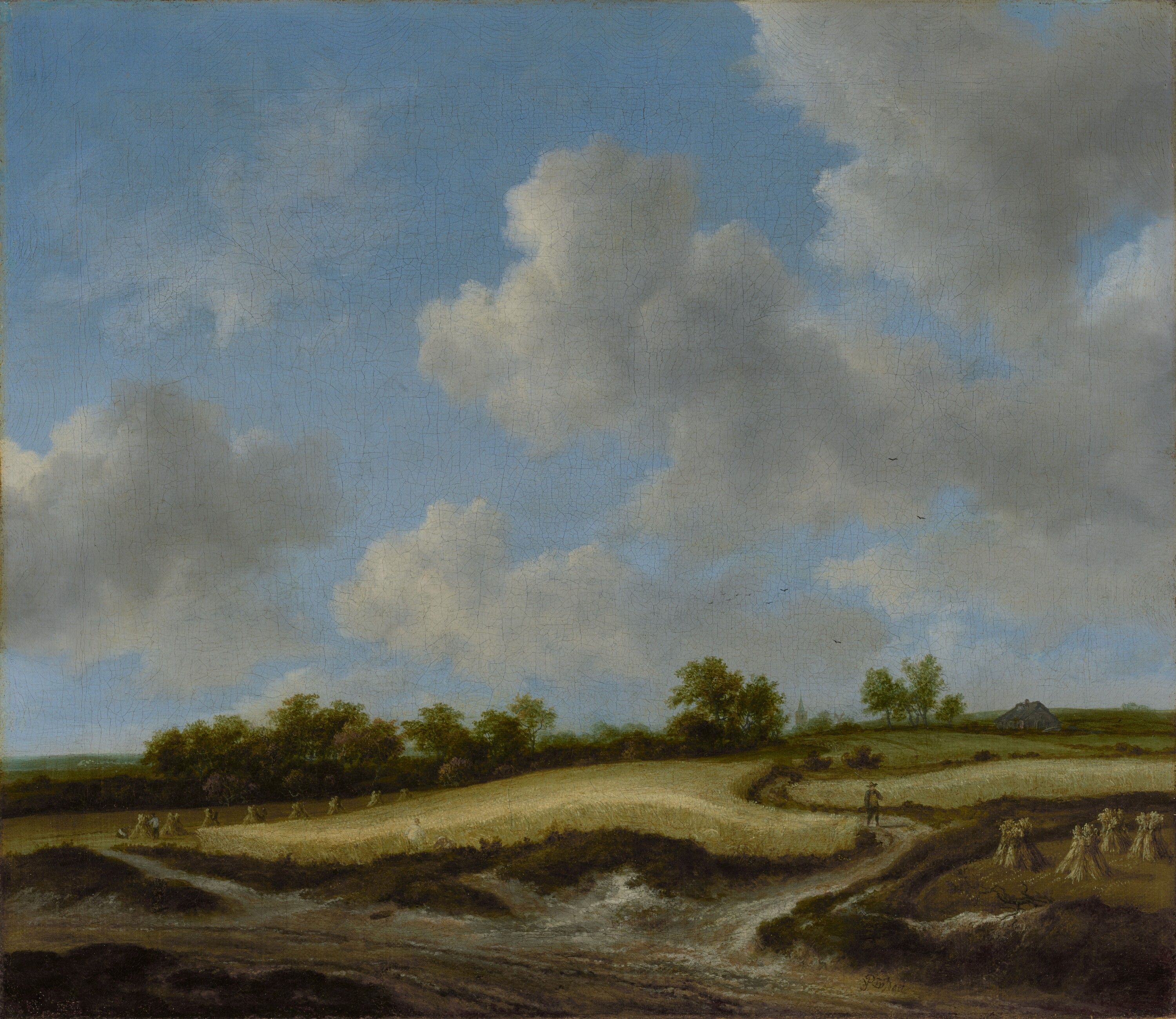 A 17th century painting showing a cloud-filled sky overlooking a tree-lined green field.