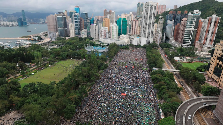A huge crowd of people fill a park in Hong Kong