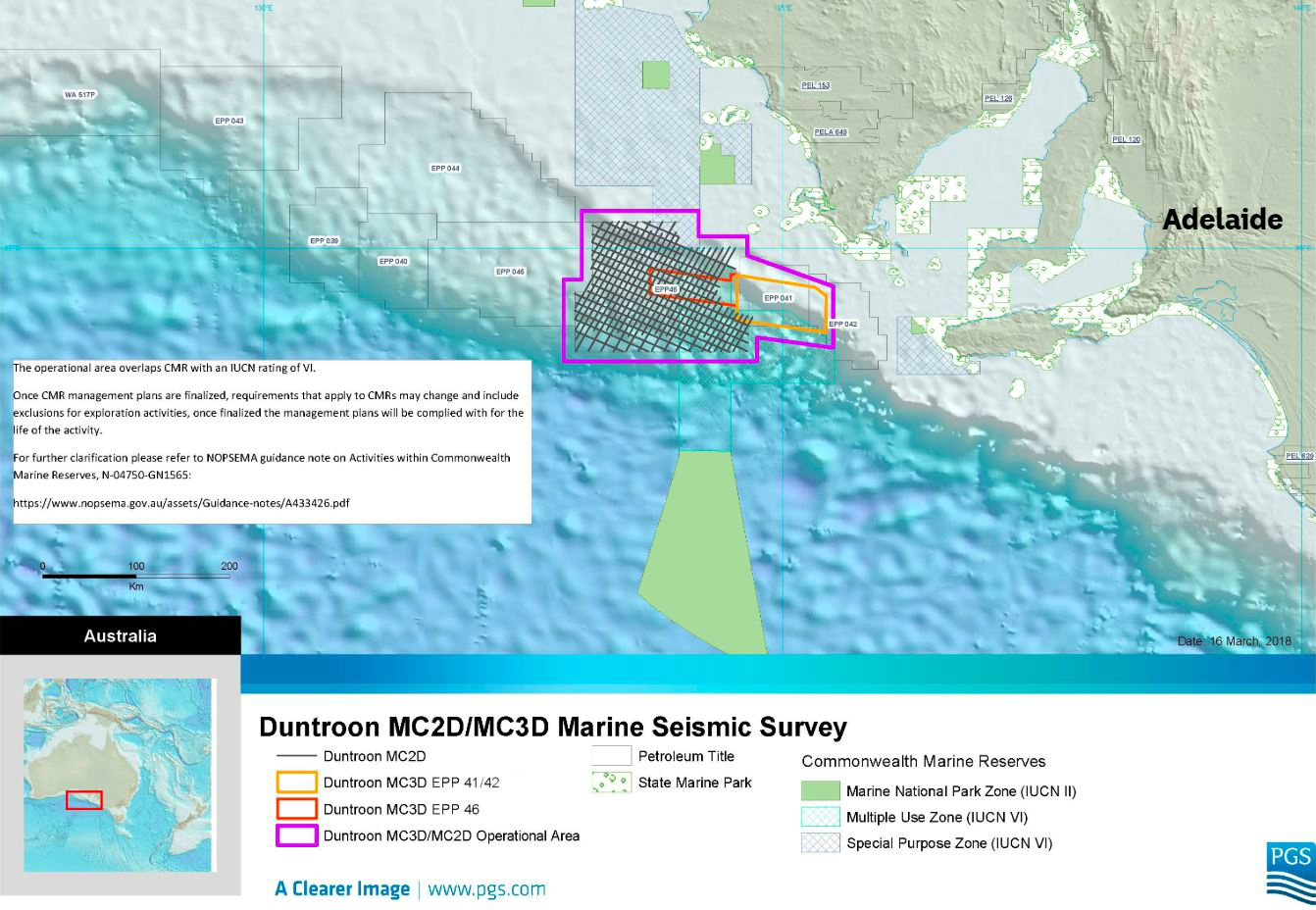 A map showing the boundaries of PGS's planned testing area.