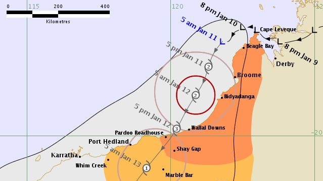 A bureau of meteorology map showing a cyclone approaching the Kimberley coast of WA.