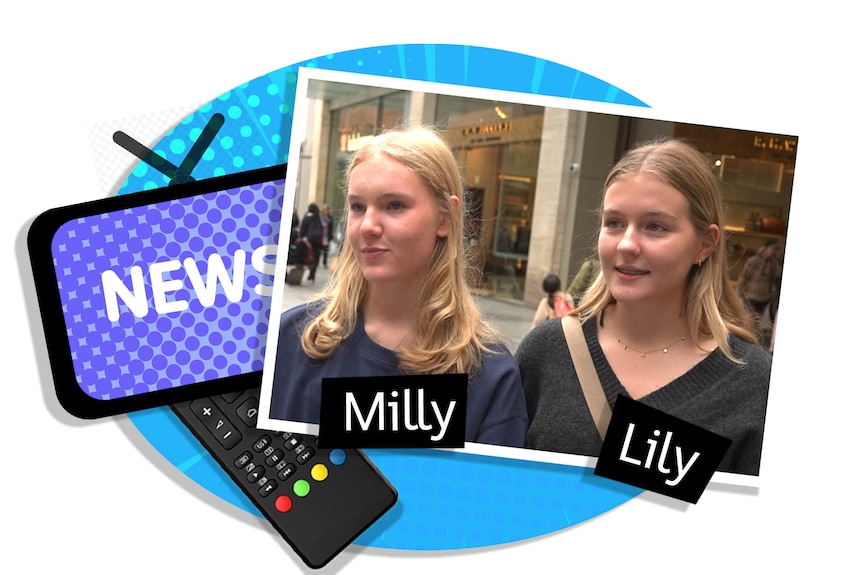 A colourful graphic featuring a TV icon with the word news on the screen, two teen girl, a remote.