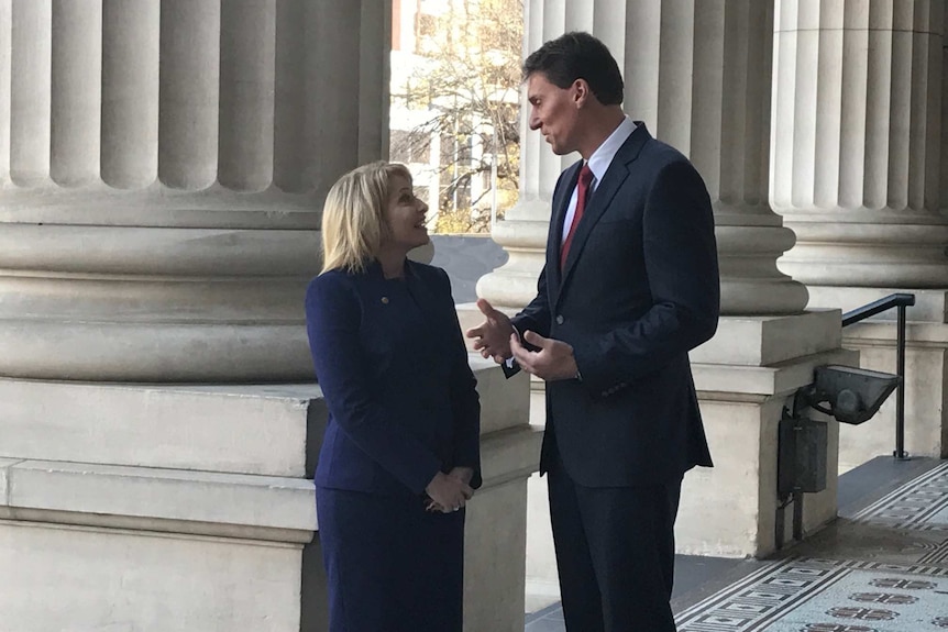 Rachel Carling-Jenkins talks to Cory Bernardi outside Victoria's Parliament House.