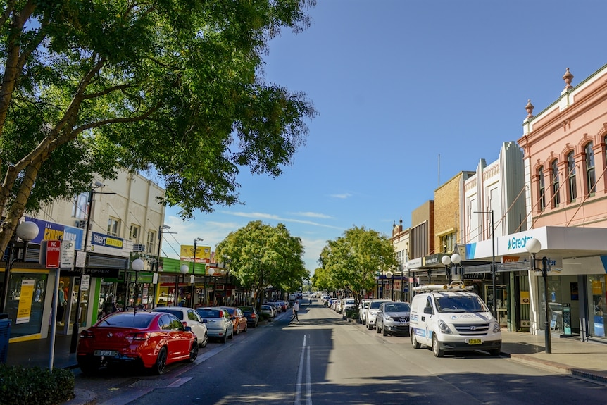 the view of a street in nowra with shops either side of road