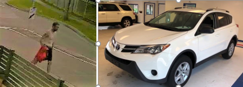 A CCTV image of a middle aged man next to a parked white Toyota