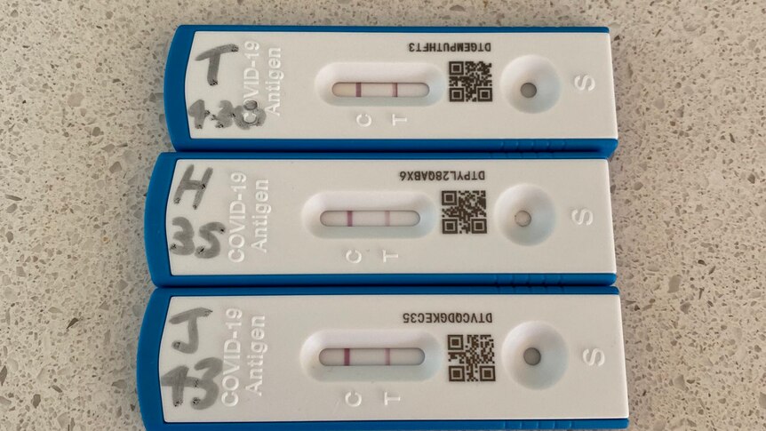Three small white COVID-19 rapid tests on a benchtop showing positive test results