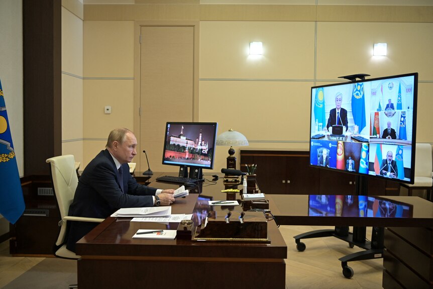 Russian President Vladimir Putin in video call with other CSTO leaders on January 10, 2022.