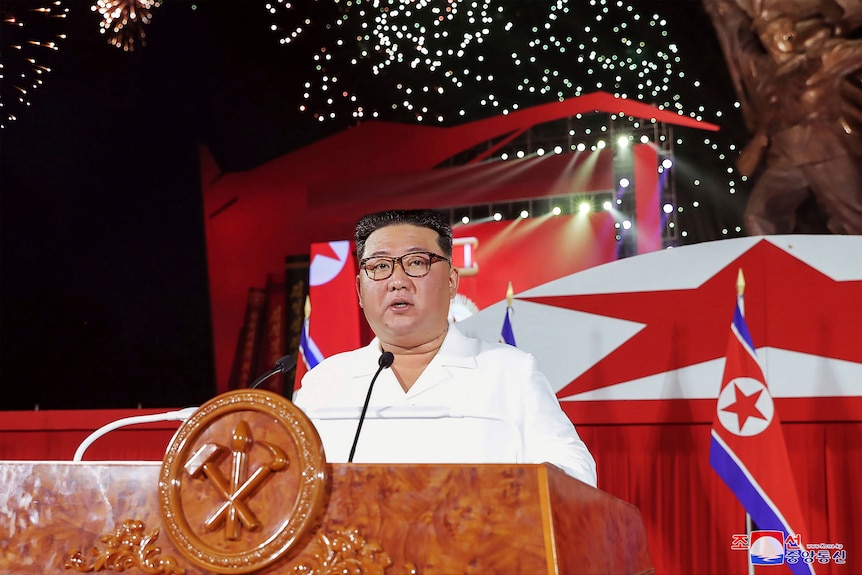 North Korean leader Kim Jong Un delivers his speech during a ceremony