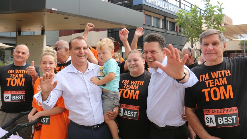 Nick Xenophon with his SA Best candidate for the seat of Giles Whyalla Tom Antonio