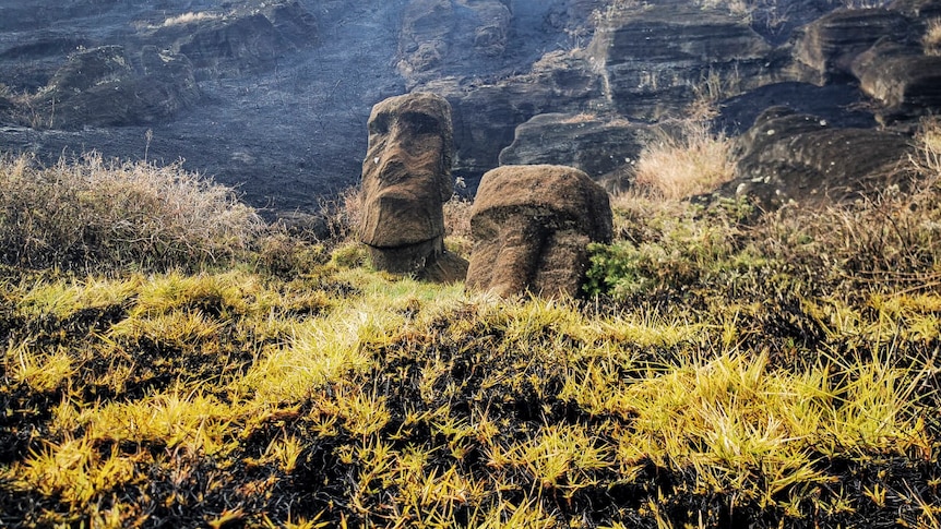 Stone statues appear among charred vegetation. 