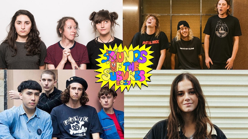 A composite image of artists playing Sounds of the Suburbs 2017: Camp Cope, Skegss, Bleeding Knees Club, Ruby Fields