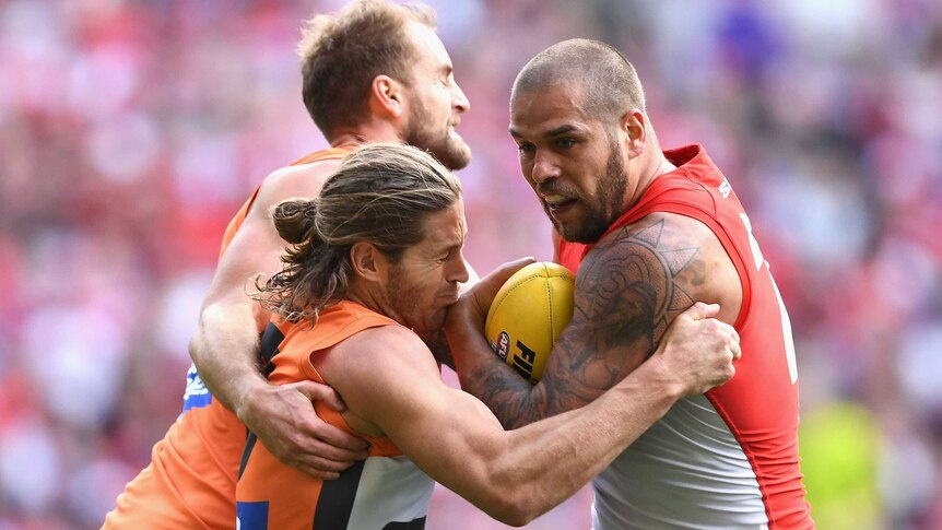 Sydney's Lance Franklin is tackled by Callan Ward and Joel Patfull of GWS in AFL qualifying final.