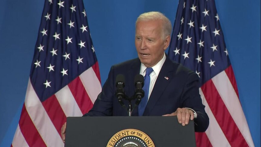 US President Joe Biden speaking at a media conference.