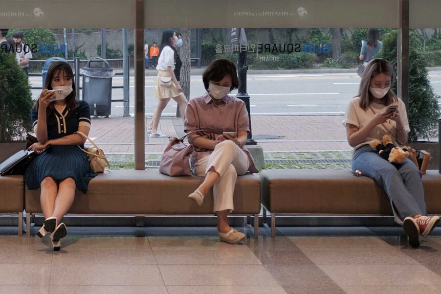 Six people sit along  a bench with plenty of space between them, all of them wear masks.