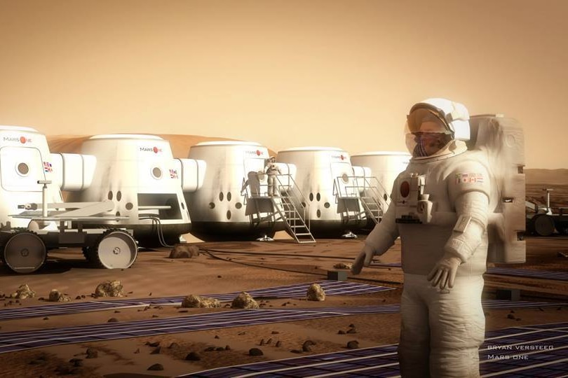 An illustration of an astronaut in a space suit in front of white pods in a red desert landscape.