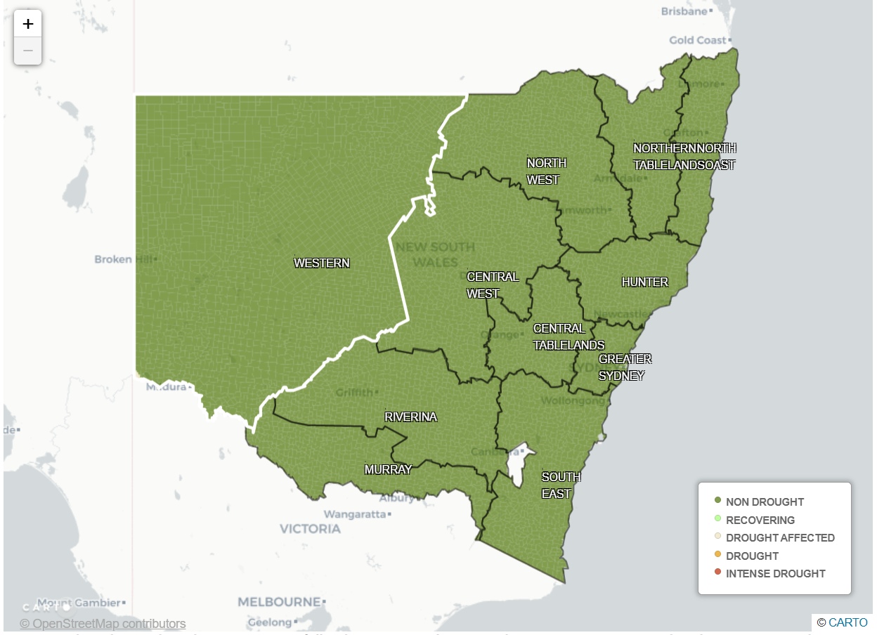 A map of NSW showing that the state is now completely free of drought.