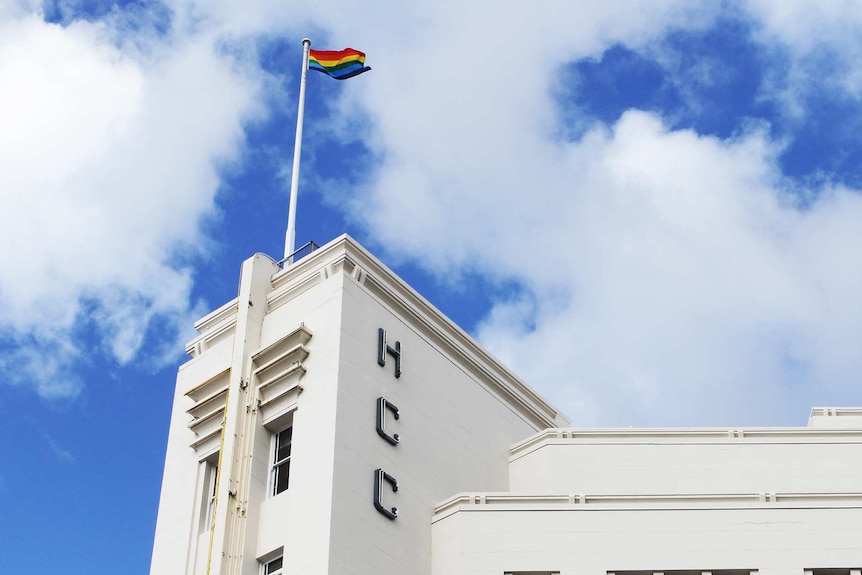 The rainbow flag flies over Hobart City Council building, 24 August 2017.
