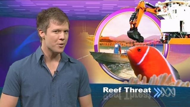 Presenter Nathan Bazeley with image of mining equipment and fish in background
