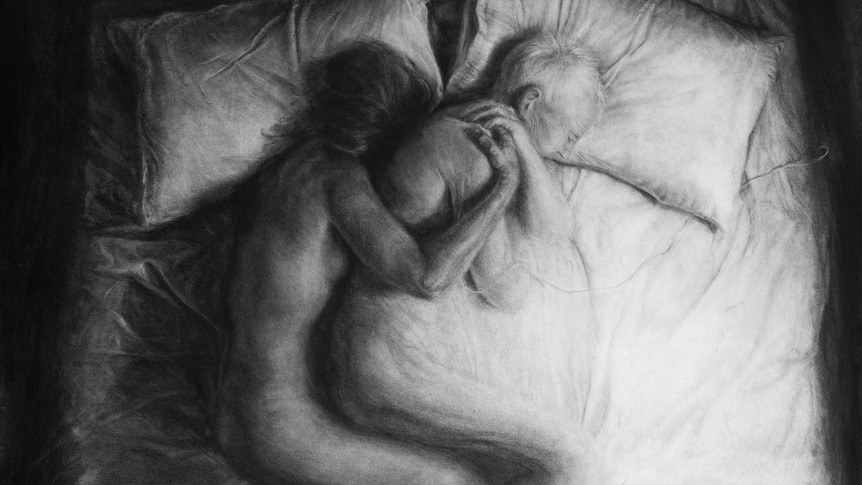 A drawing of a person curled up naked behind their dying partner in a hospital bed.