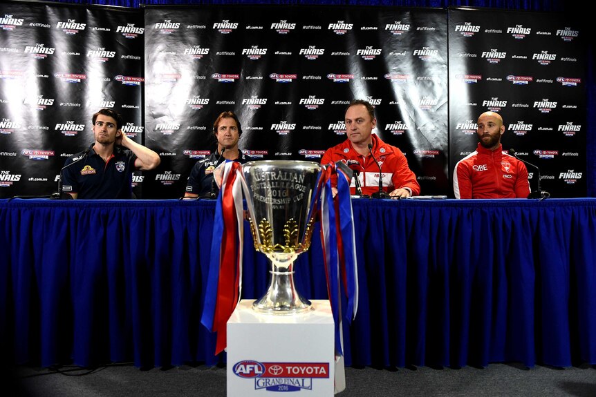 Sydney and Western Bulldogs' captains and coaches with the cup