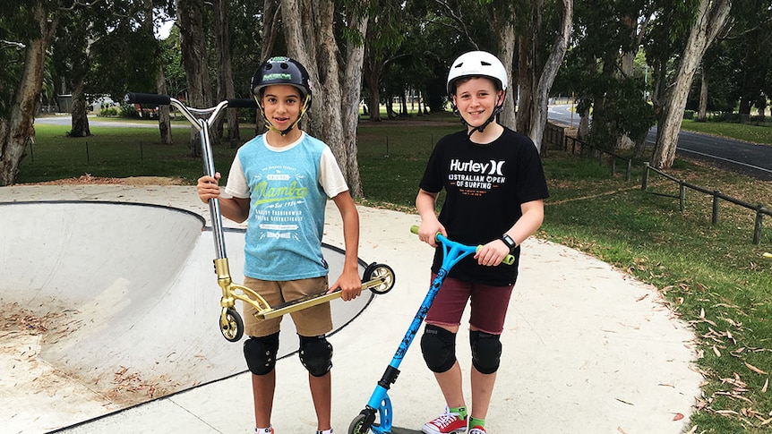 12 year-old Ethan Laval (pictured left) and Flynn Bushell standing at Slade Point skate park.