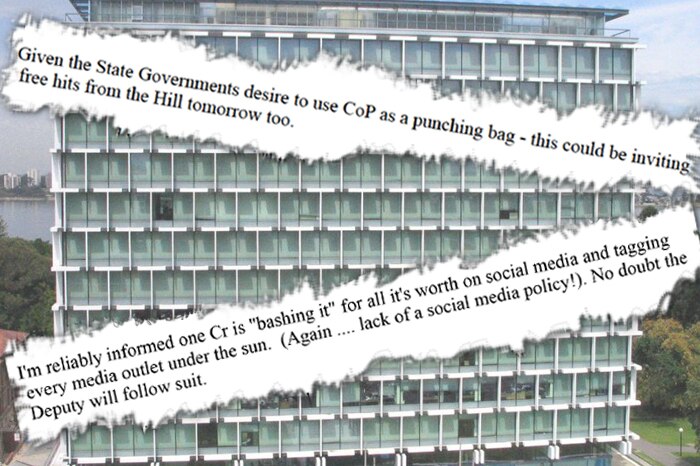 Excerpts of email conversations from Perth Lord Mayor Lisa Scaffidi in front of a photo of Council House