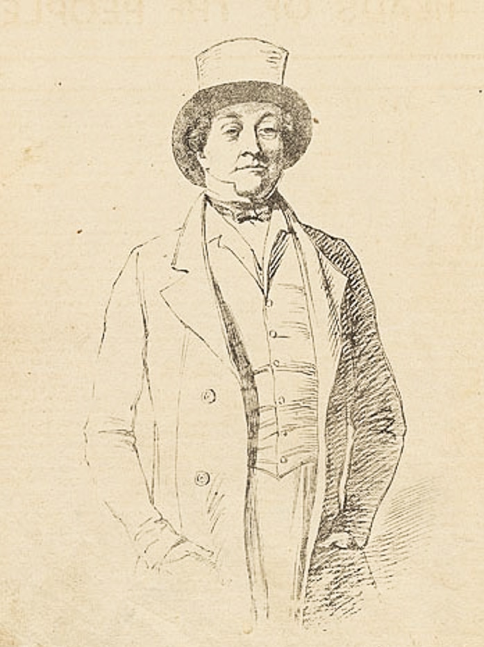 Drawn portrait of a man wearing a coat and top hat.