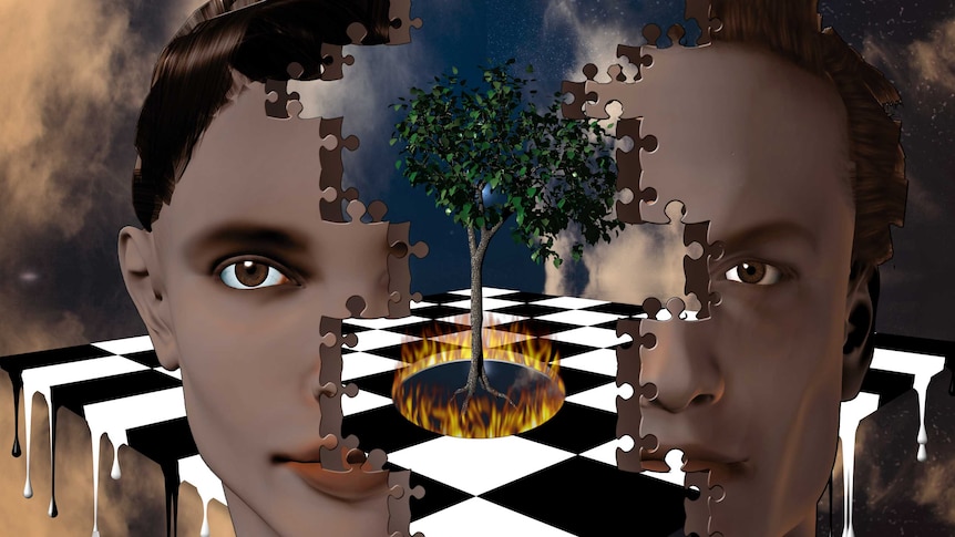 Two surreal heads with jigsaw pieces and image of tree in between