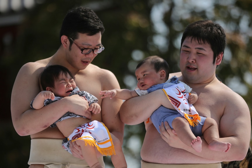 two babies held by sumo wrestlers.