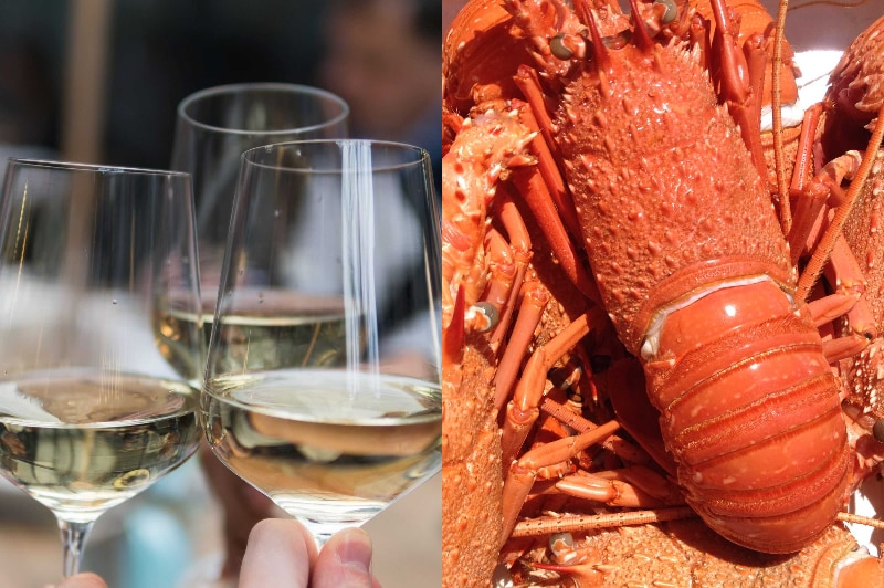 A composite image shows three glasses of white wine and red lobsters