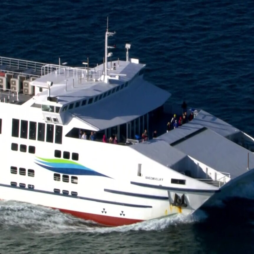 A white ferry with 'Searoad Ferries' on its side.