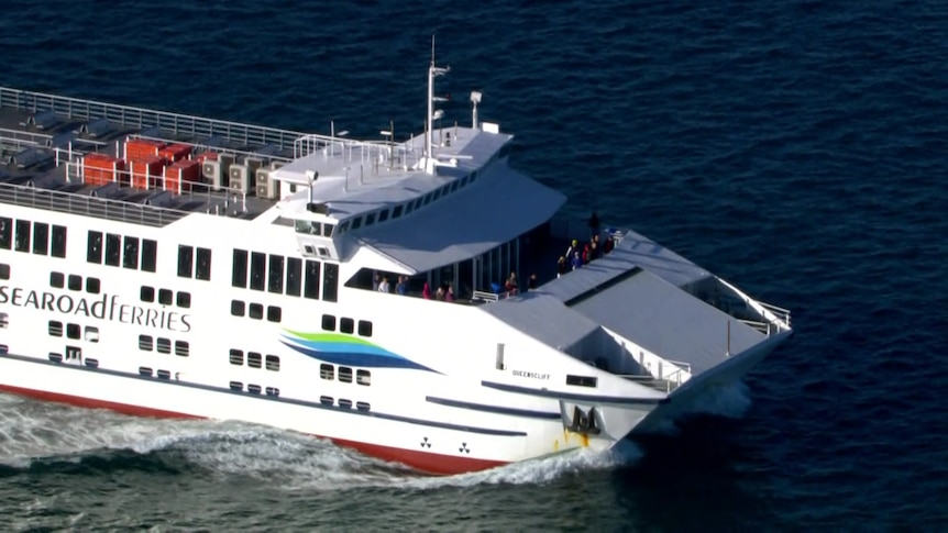 A white ferry with 'Searoad Ferries' on its side.
