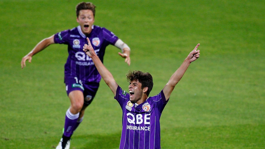 Daniel De Silva of the Glory celebrates after scoring a goal during the round 12 A-League match between Perth Glory and Central Coast Mariners