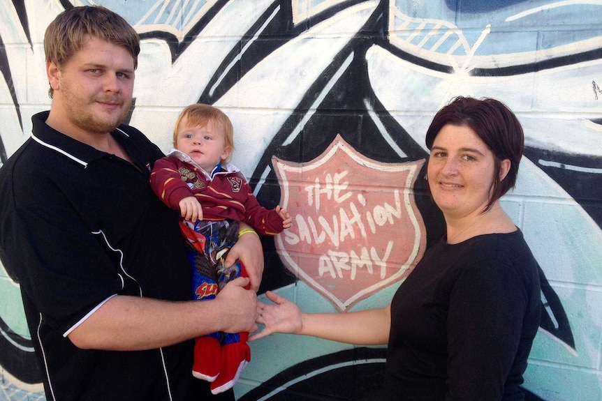 Jaydn Jardine, Alana Dubois and their son Jay have relied on the Salvos for the past 18 months.