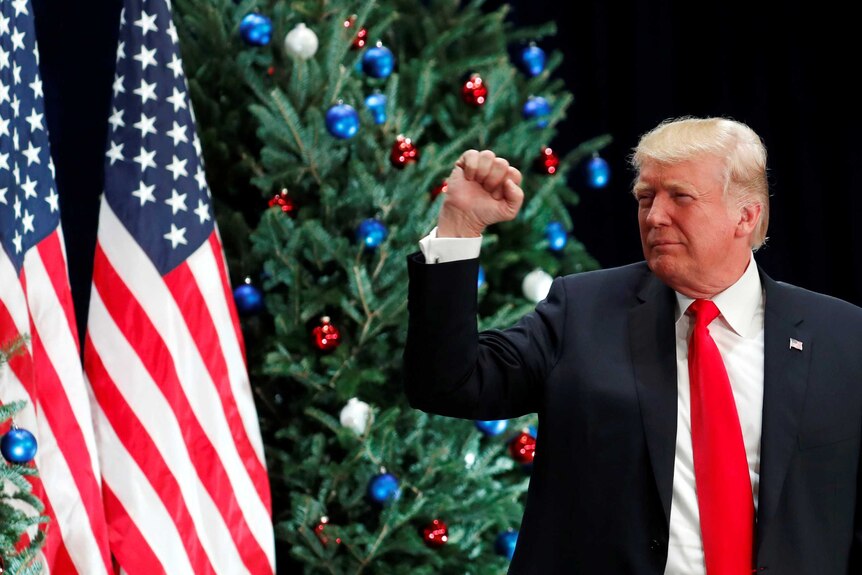 US President Donald Trump pumps his fist at an event in St Louis, a christmas tree stands behind him