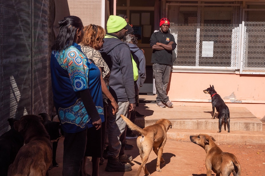 people line up to be vaccinated. 