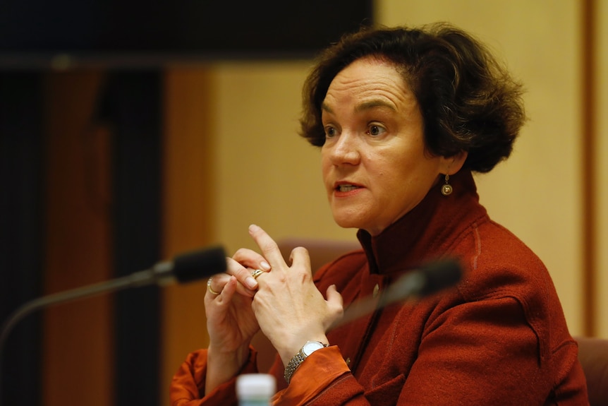 A woman with brown short hair sits behind a microphone