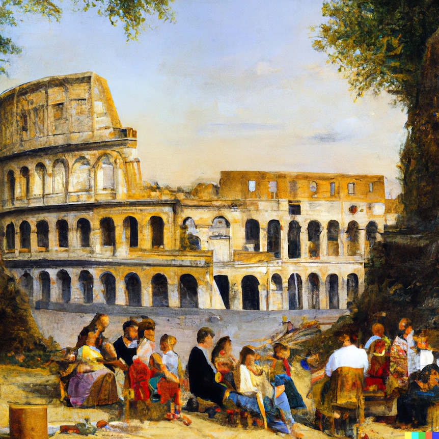 An AI-generated image of an 18th century oil painting of Rome's Colosseum, with people sitting in the foreground
