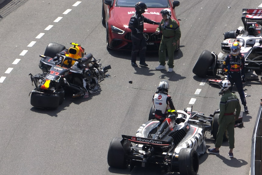 Three wrecked Formula 1 cars during the Monaco Grand Prix