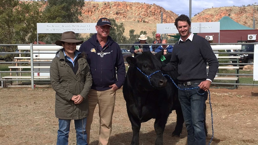 Belinda and Brad Seymour stand beside a black bull and the bull's breeder Trent Walker