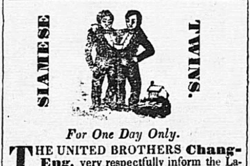 A newspaper clipping advertising Chang Eng Bunker with an illustration of them