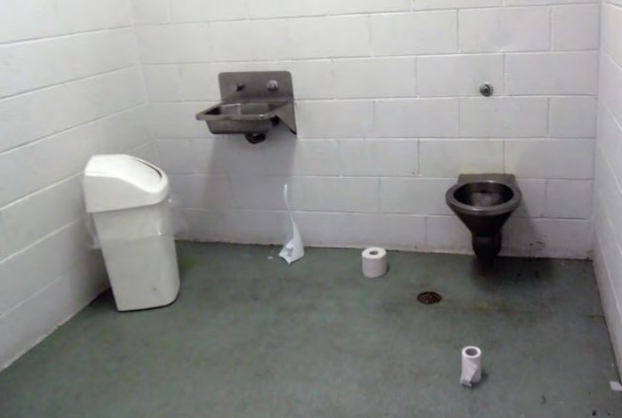 A bleak prison cell showing a rubbish bin, a sink and a toilet, with rolls of toilet paper on the floor.