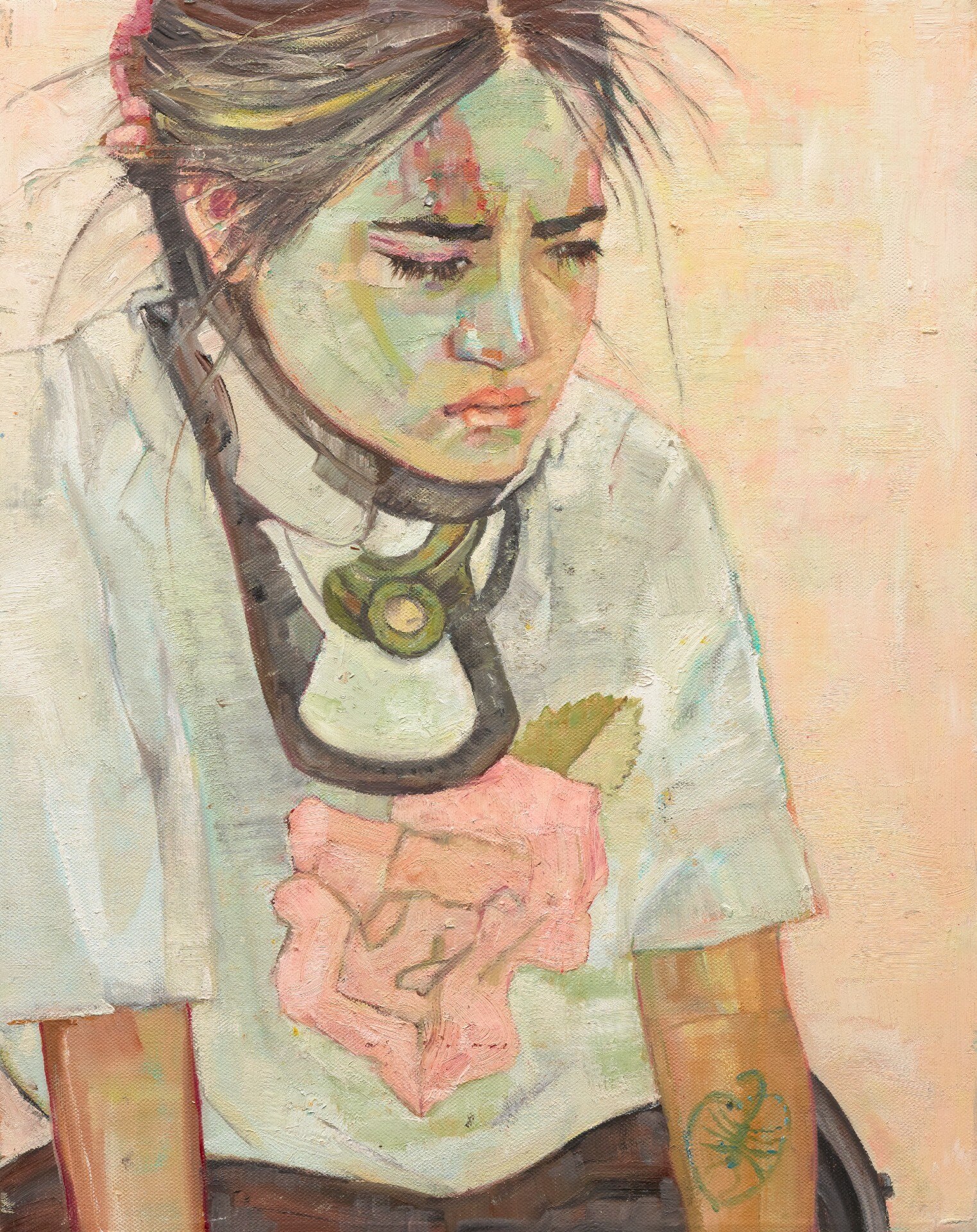 A painting of artist Visaya Hoffie in a neck brace, looking downcast