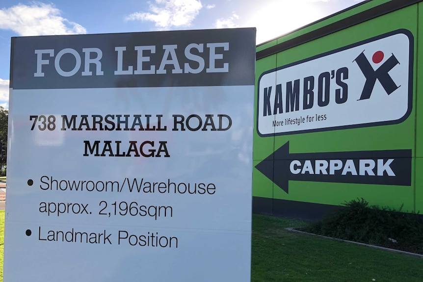 A white for lease sign outside Kambo's Malaga store in Perth.