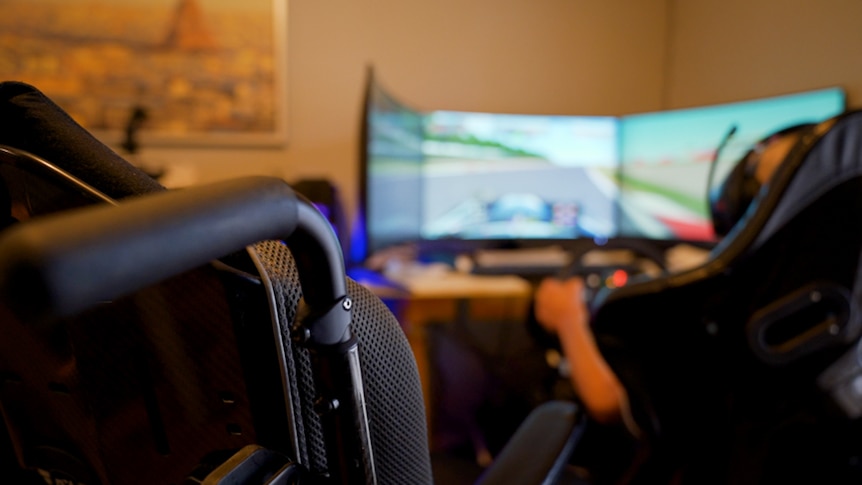 A person playing a car racing video game.