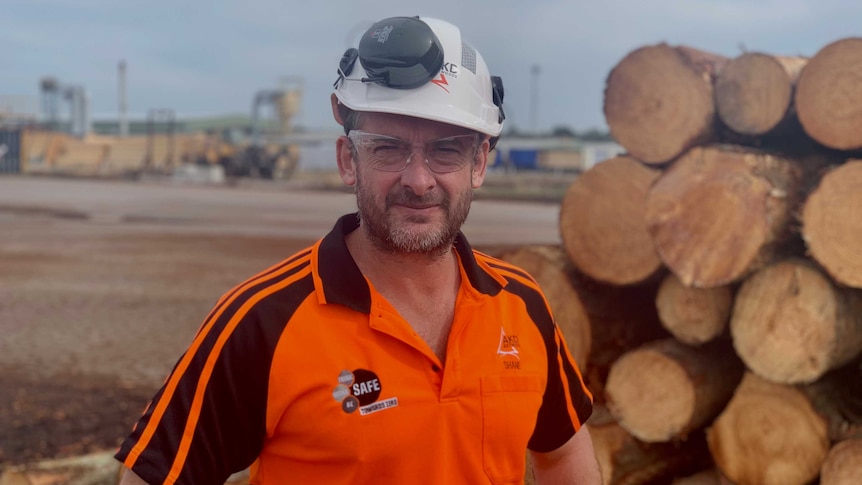 A man wearing high-vis and a hard hat stands in front of logs with a mill in the background.