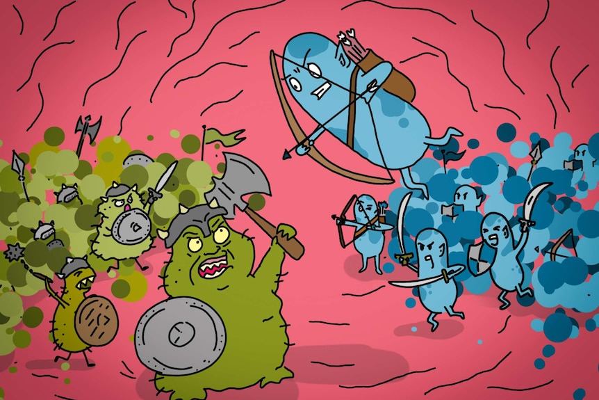 An army of blue bacteria fights their green enemies