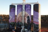 four grain silos painted in colours