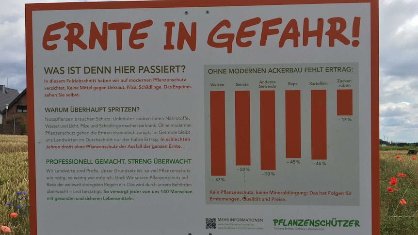 Poster di tepi jalan mempromosikan kebutuhan teknik pertanian modern di Jerman. A side by a roadside farming plot near Germany promoting the need for modern farming techniques